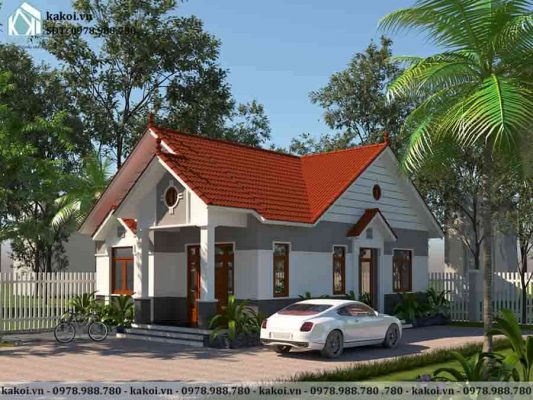 Phối cảnh góc nghiêng mẫu nhà cấp 4 mái thái 3 phòng ngủ KKNC4004