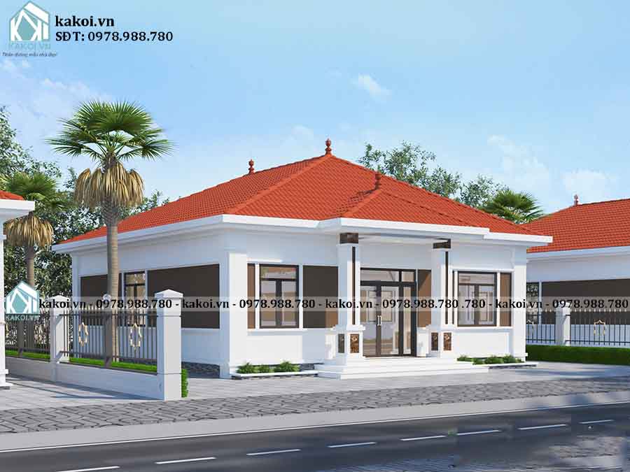 Phối cảnh góc nghiêng của biệt thự hiện đại 1 tầng 10x12m