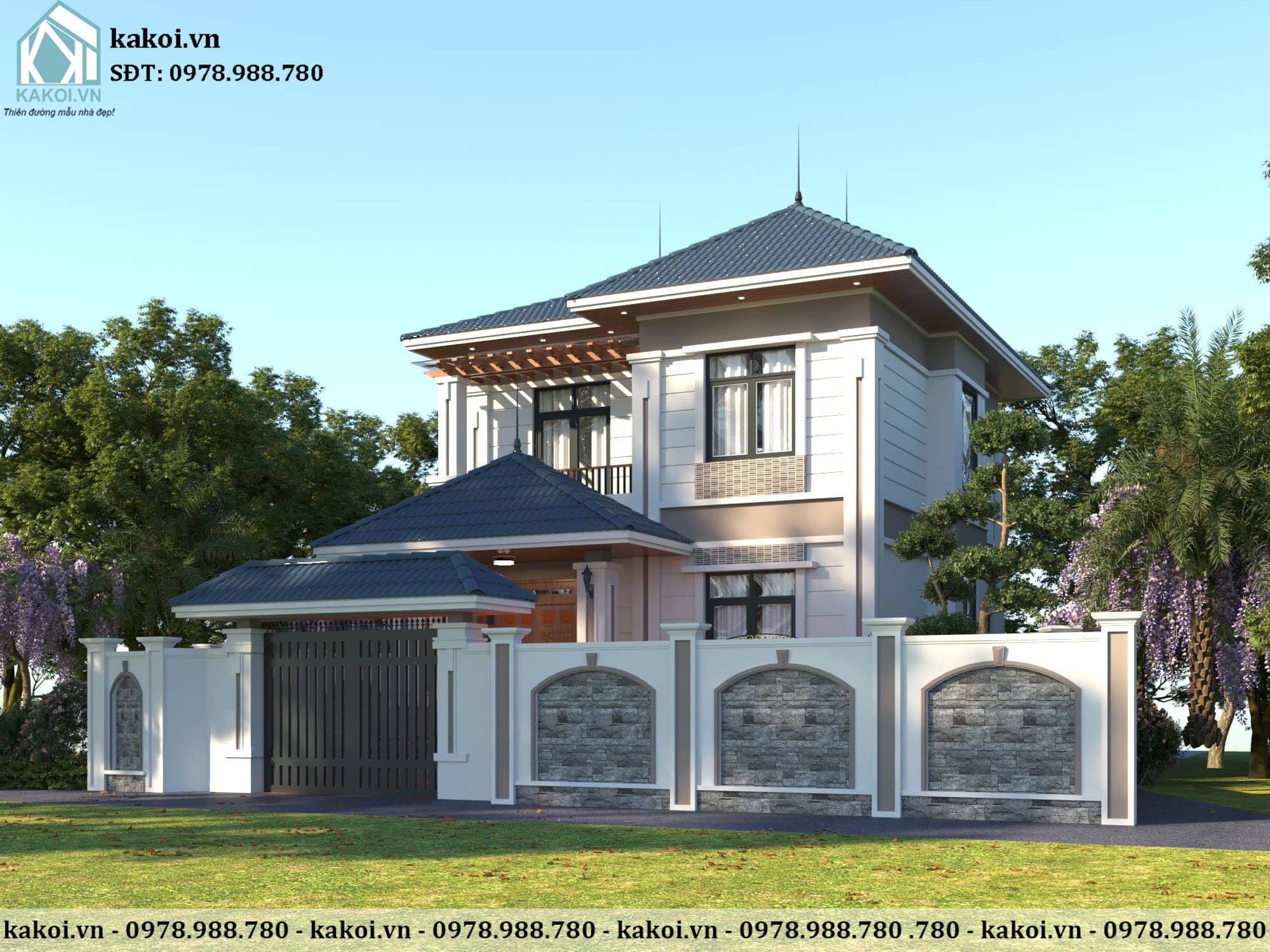 Hình ảnh 3D mẫu biệt thự hiện đại 10x12m 2 tầng mái Nhật KKBTV221