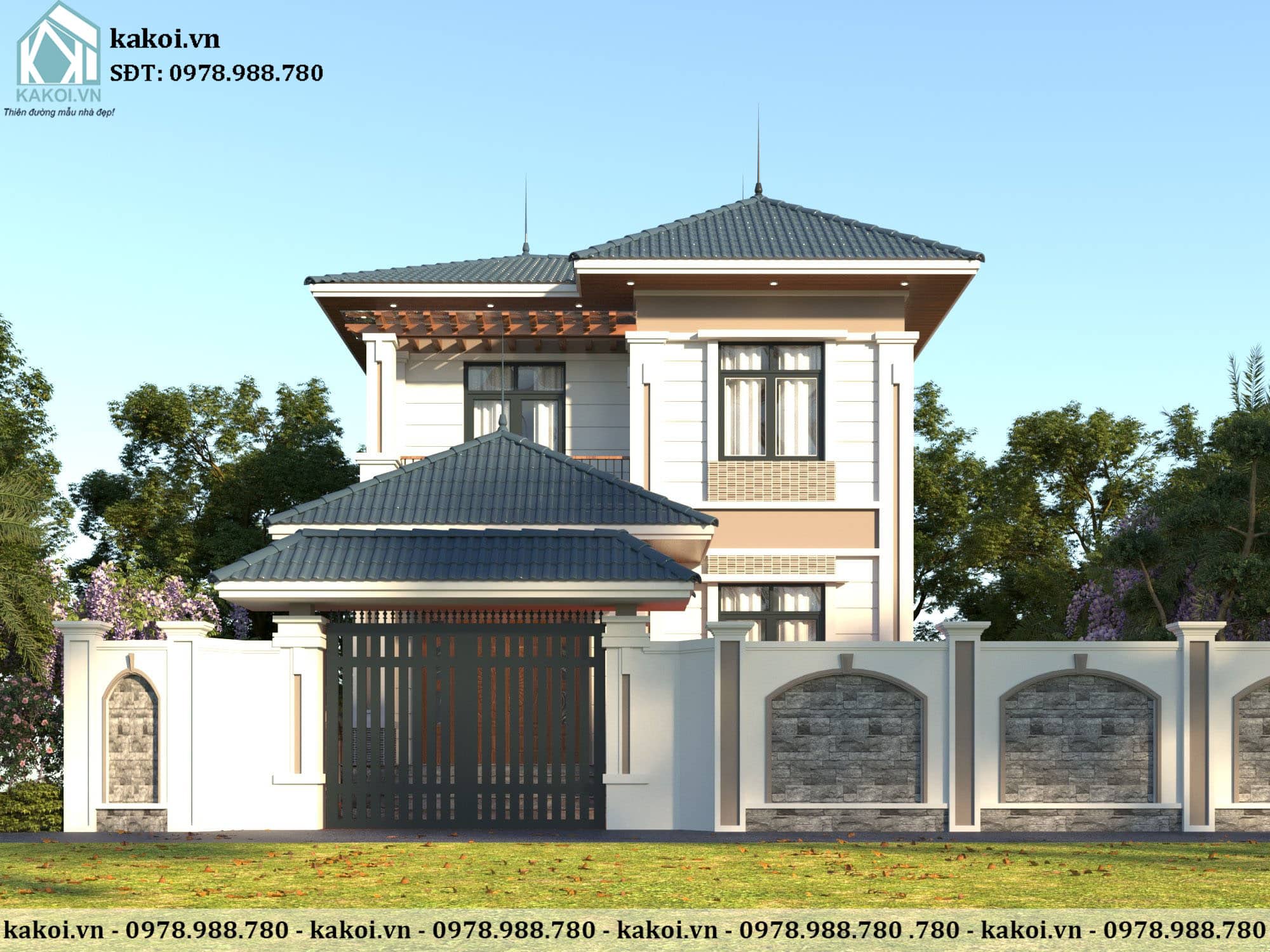 Phối cảnh 3D mẫu biệt thự 2 tầng mái Nhật diện tích 10x12m KKBTV221