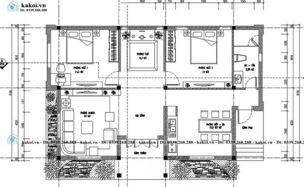 Bản vẽ nhà cấp 4 chữ U mái Nhật 2 phòng ngủ.
