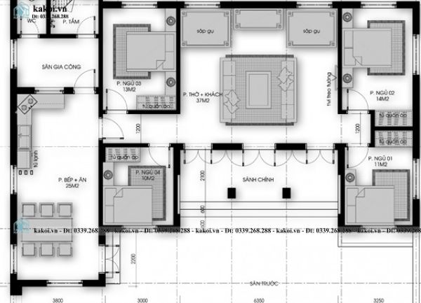 Bản vẽ nhà cấp 4 chữ U mái Nhật 4 phòng ngủ