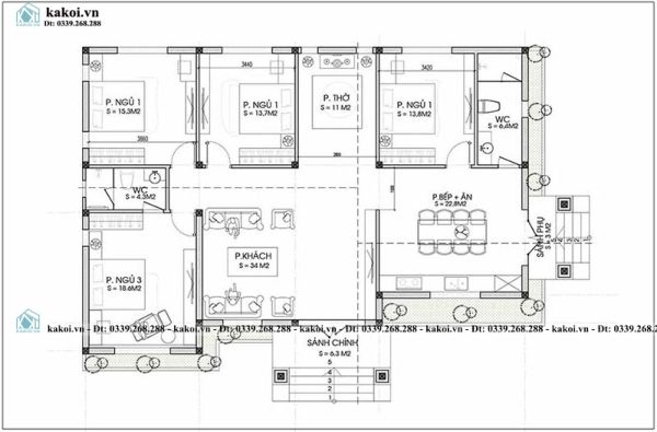 Bản vẽ nhà cấp 4 nông thôn mái lệch 4 phòng ngủ