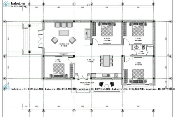 Bản vẽ nhà vườn cấp 4 mái Thái 4 phòng ngủ