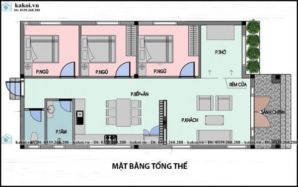 Bản vẽ nhà cấp 4 6x15 3 phòng ngủ 1 phòng thờ