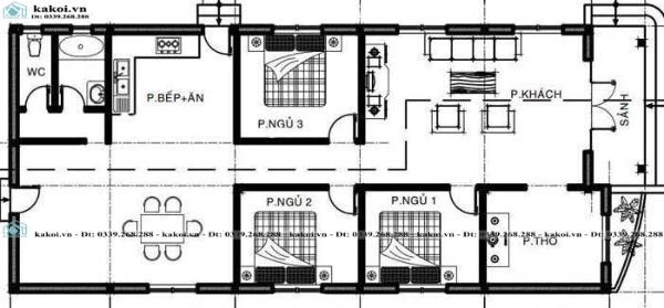 Bản vẽ nhà cấp 4 6x15 3 phòng ngủ