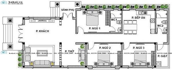 Bản vẽ nhà cấp 4 6x15 3 phòng ngủ 1 phòng khách
